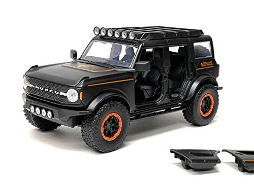 Jada 34287 Diecast Model Auto Ford Bronco 2021 Matt Black met Oranje Strepen en Dakdrager 1/24 Just Trucks Series