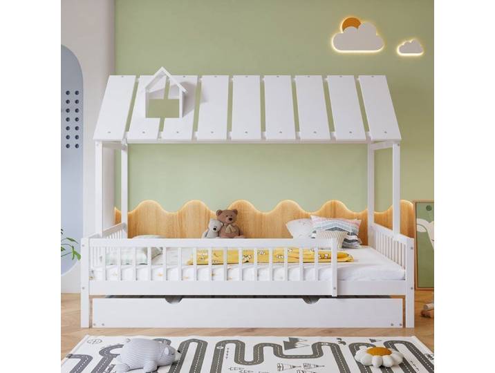 Lit maison Maisentiel avec lit extensible toit avec poutres pour enfants MDF et pin blanc 120x200/190 cm