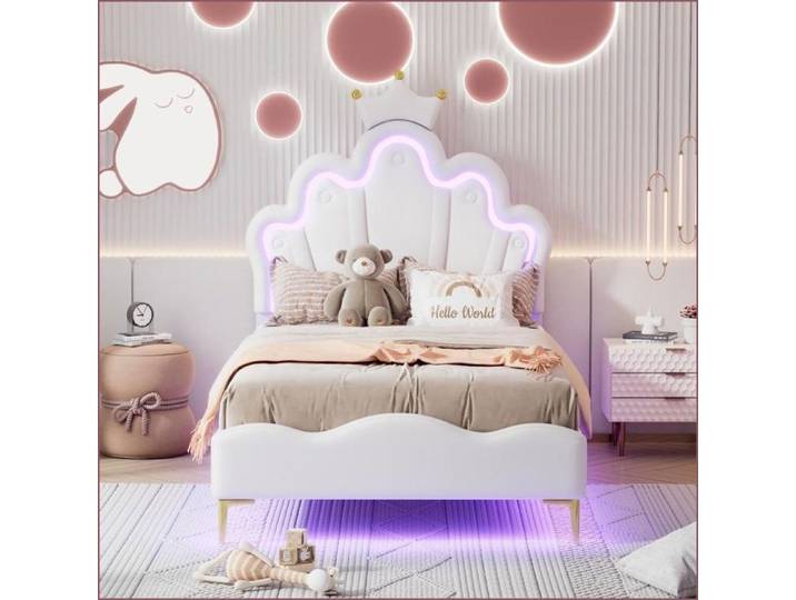 Lit double - Lit princesse à couronne 90x200cm avec LED réglable revêtement PU doux - Blanc