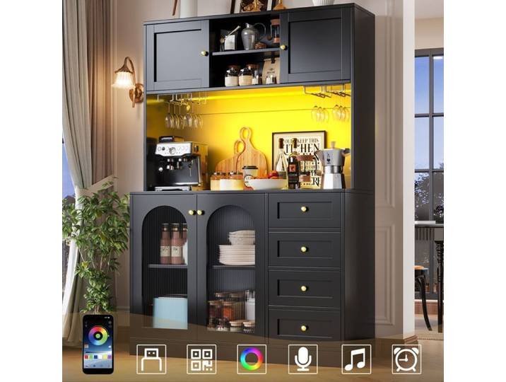 Buffet - SOGEU - 120x40x190 - 4 portes - LED intégrées - Porte-bouteilles