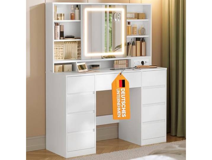 VASAGLE Schminktisch mit Beleuchtung und Spiegel, 9 Schubladen Steckdosenleiste, 3 Lichtfarben, werkzeuglose Gleitschienen, KAILYN Kollektion RDT137W01