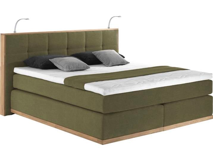 Boxspringbett, Eiche, Grün (Olive), 200×213 cm, mit LED-Beleuchtung, Modern-Vintage, Places of Style