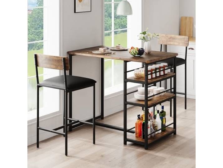 Bartisch mit Barhocker Set, Esstisch Set für 2 Personen mit 3 Ablageflächen, Gepolsterte Barstühle, Platzsparendes Küchentisch Set für Kleine Räume, Küche, Wohnung, Frühstückstheke, Retro-Optik