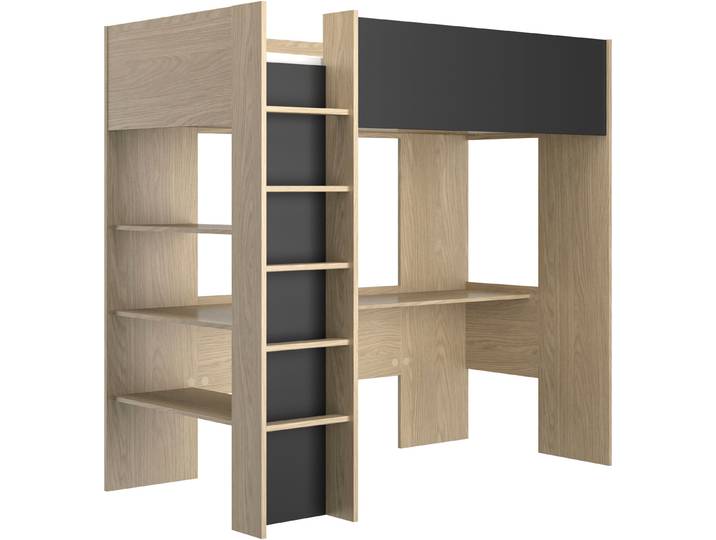 Hochbett, Spanplatte, Eiche Rookwood Nachbildung/Schwarz, 90×200 cm, Mit Schreibtisch & Regal, GAMI Nael