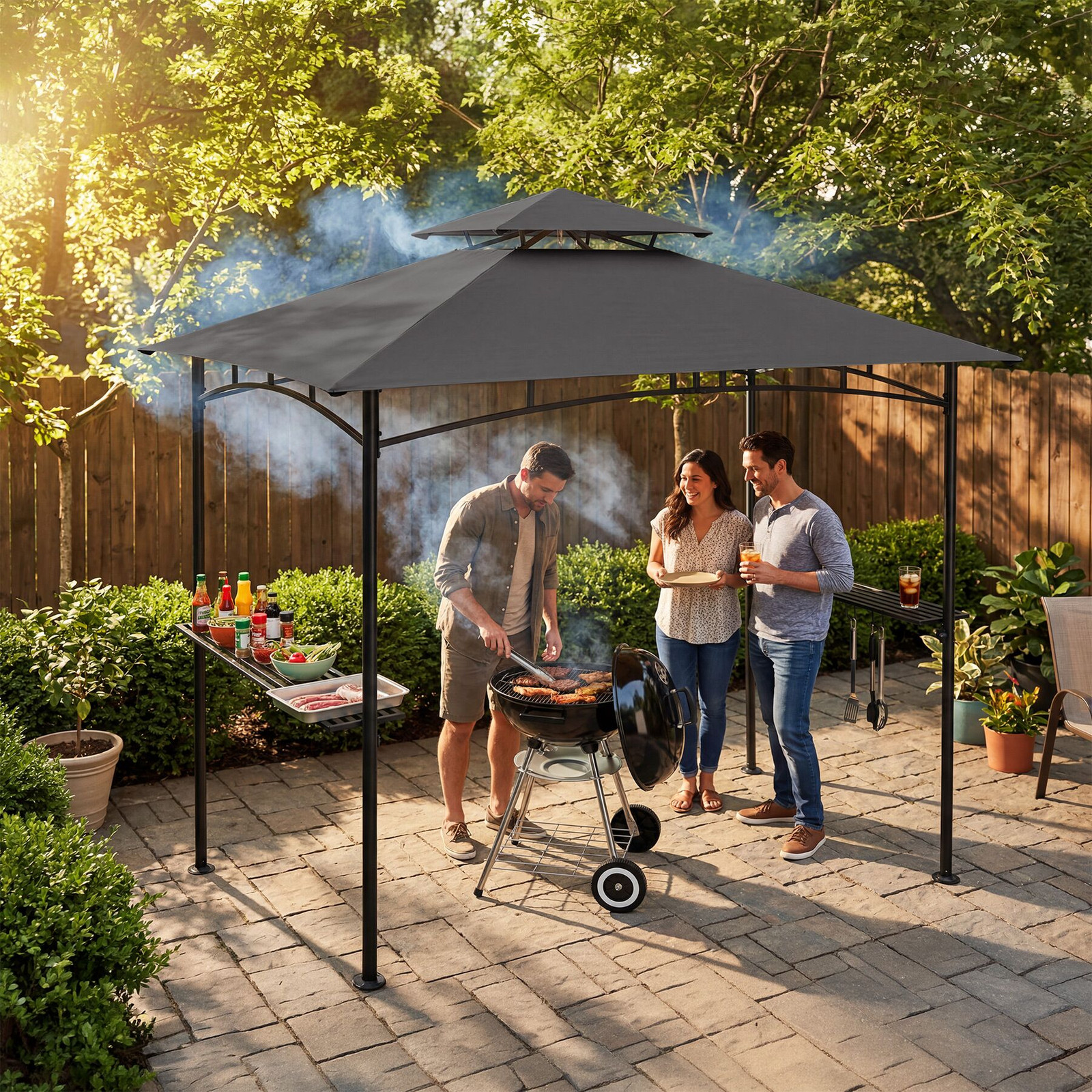 TecTake Barbecuepaviljoen Maracaibo met windscherm en 2 opbergvakken, antraciet