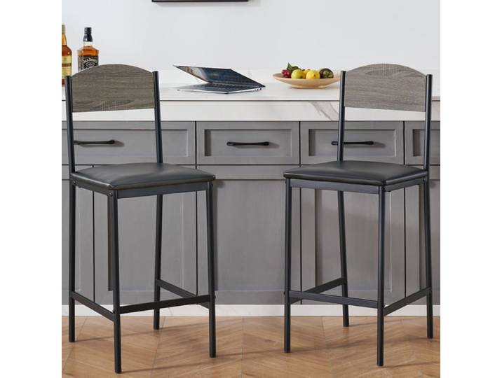 JoyGarden Lot de 2 tabourets de bar hauteur comptoir 64 cm - Revêtement PU dossier rembourré repose-pieds pieds métal - Gris