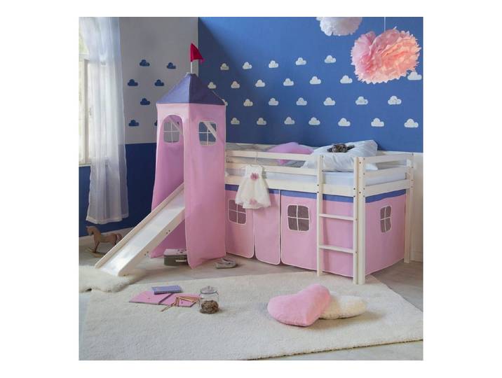 Homestyle4u Hochbett Kinder mit Rutsche mit / ohne Matratze 90x200 Rosa Mädchen (Set, mit Rutsche und Turm, Spielbett) Kiefer, Jungen Mädchen