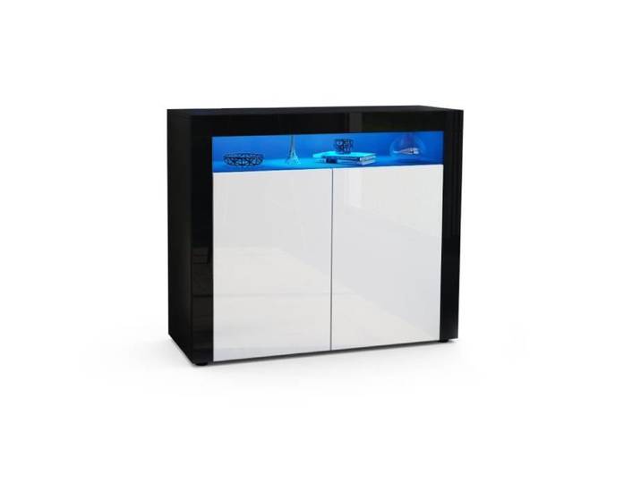 Vladon Commode buffet Valencia en Noir mat - Blanc haute brillance - Noir haute brillance