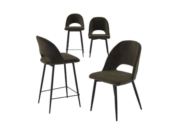 Pack 2 chaises et 2 chaises de bar 65 cm en velours vert