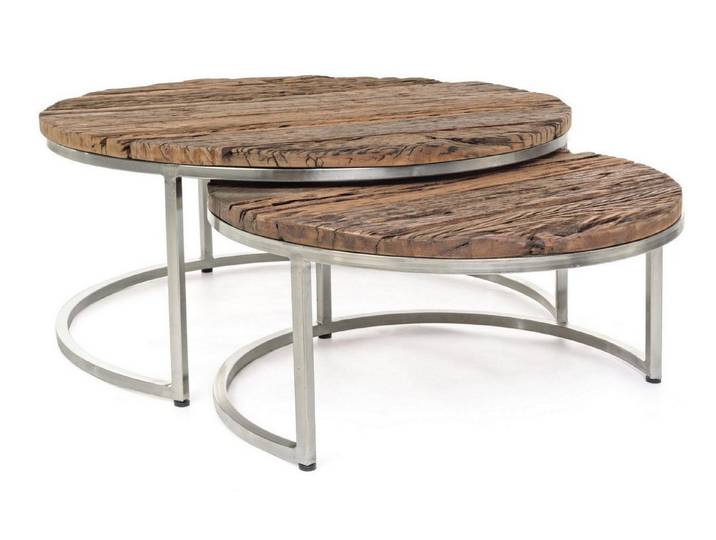Natur24 Beistelltisch Beistelltisch 2er Set Rafter Stahlgestell Silber recycelte Holzplatte