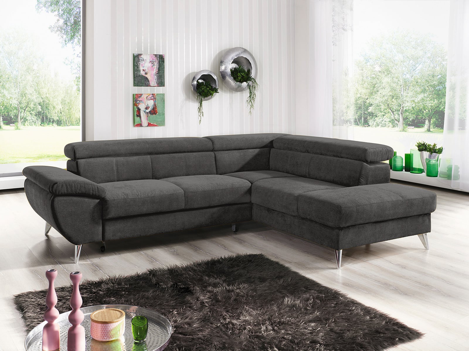 home24 Hoekbank Hodge met Ottomane Grijs/Zwart Chenille Bonita met Slaapfunctie Rechts B: 260 cm, D: 93 cm, H: 207 cm