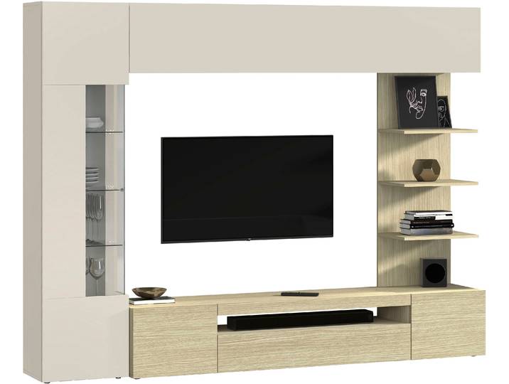 Wohnwand GOODPRODUCT Wohnwand New Egypt, Anbauwand, Medienwand, Wohnzimmerwand , beige (kaschmir, eiche), B:245cm H:191cm T:40cm, Holzwerkstoff, Kastenmöbel-Sets, Wohnwand, 2 Klappen, 2 Türen, 1 Glastür, Regalaufsatz, B 245 × H 191 cm