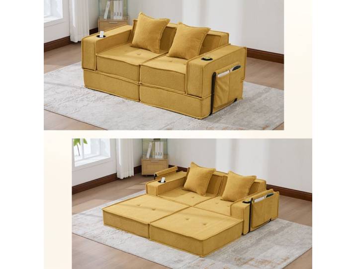 Canapé-lit double - Jaune moutarde - Tissu chenille - Pouf avec rangement - Porte-gobelets intégrés