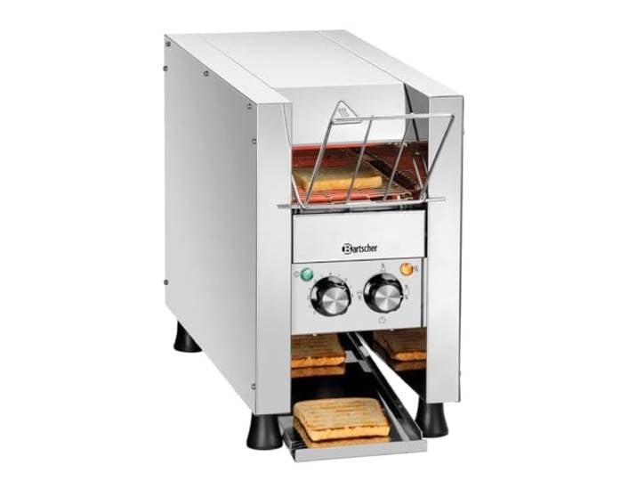 Bartscher Durchlauftoaster Mini-XS aus Edelstahl für bis zu 90 Toasts/Stunde, regelbare Bandgeschwindigkeit, kompakt für Gastronomie