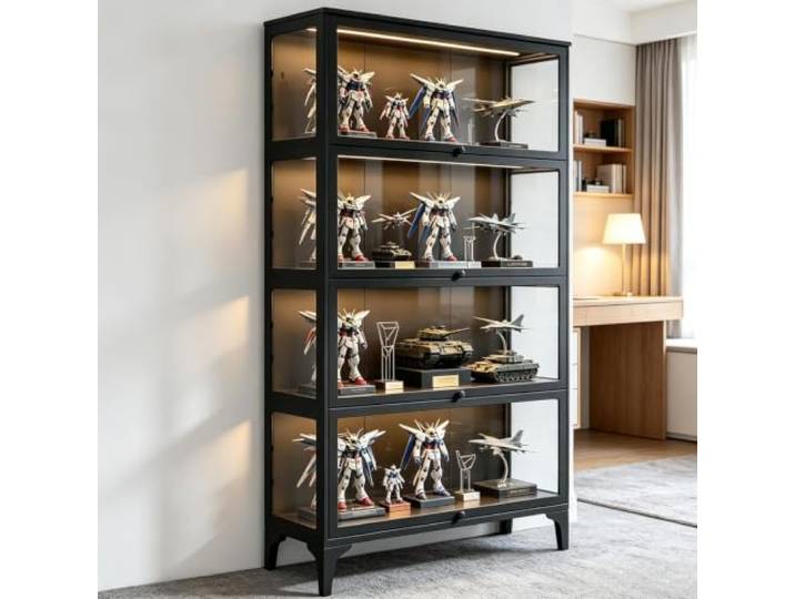 YSZBD Vitrine mit Glastür,4-stöckige Vitrine mit transparenter Durchgehender Ausstellungsfläche für Sammlerstücke, Glasvitrine schwarz