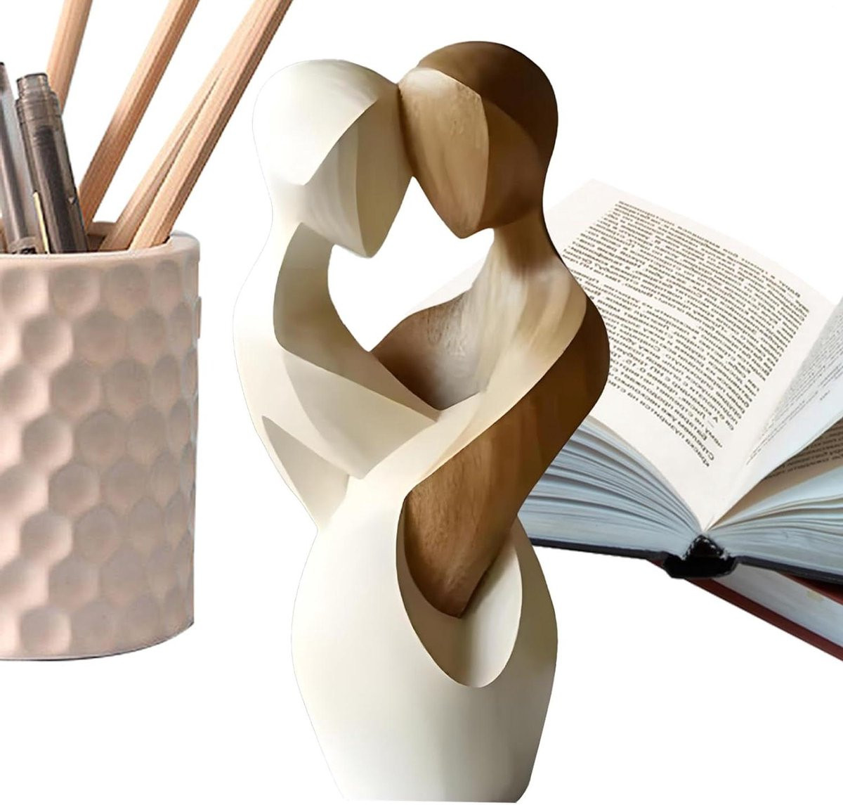 Houten Paar Standbeeld Abstract Kunstwerk voor Woonkamer Decoratie Hoogte: 21 cm Houtkleur