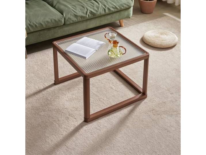 Nesting‑Couchtisch‑Set, runder Teetisch mit Rädern für kleine Räume Braunes geriffeltes Glas, bewegbares Nesting‑Design, Rattan‑Zierrahmen(Large)