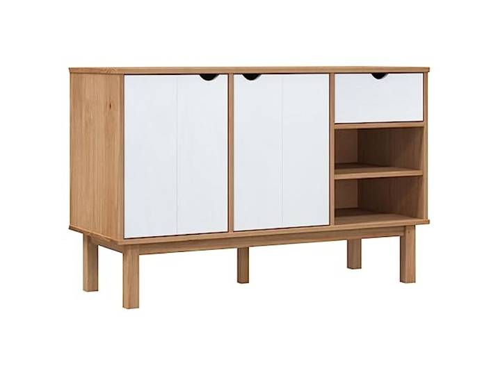 Makastle Sideboard Braun und Weiß 114x43x73,5 cm Massivholz Kiefer, Skandinavisches Design, mit Schublade und Türen, Aufbau erforderlich