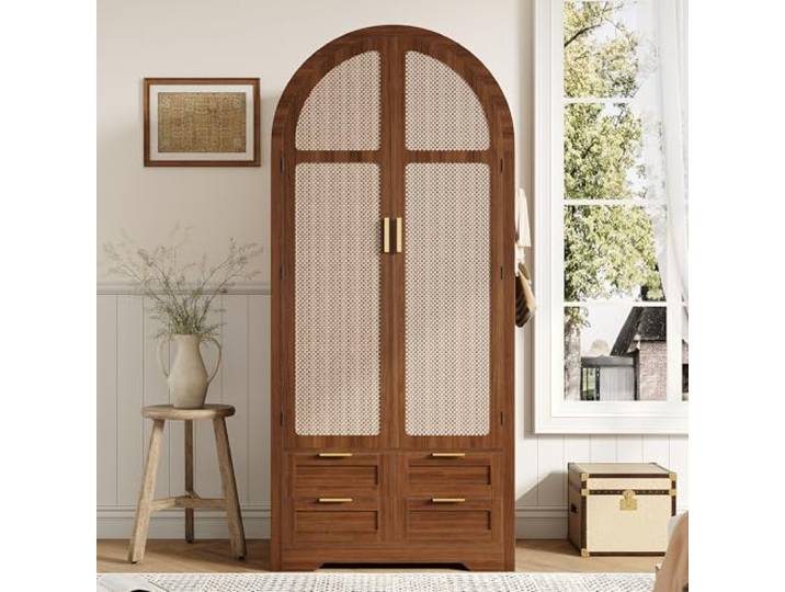 Elaimoros Moderner Kleiderschrank mit gebogenen Türen,Großzügiger Stauraum,Mit Kleiderstange und Schubladen,Luxuriöser Kleiderschrank,Geeignet für Schlafzimmer und Eingangsbereiche，Nussbaum