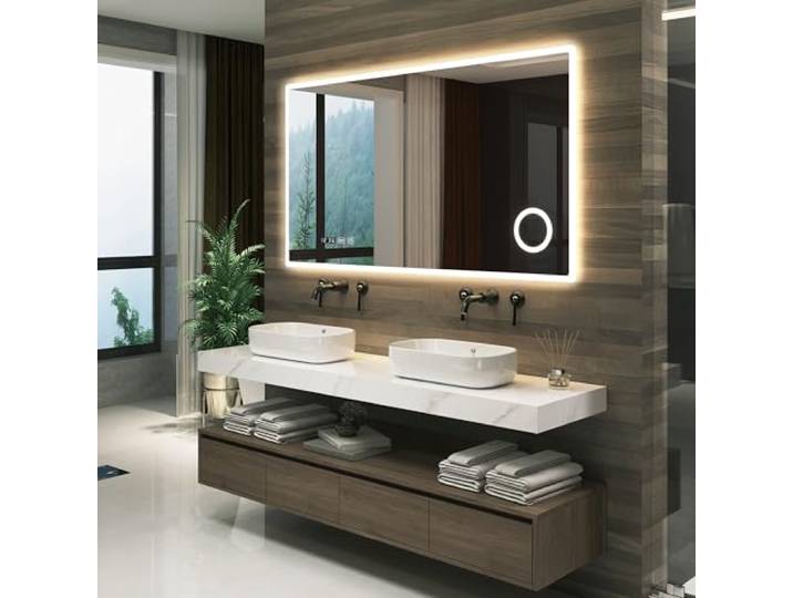 pro.tec LED Badspiegel Racale Schminkspiegel mit Beleuchtung 3 Lichtfarben horizontal Wandspiegel für Badezimmer rechteckig 100 x 70 cm Weiß beschlagfrei Lichtspiegel mit Lupe Uhranzeige