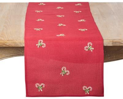 Saro "Candy Cane Embroidered Holiday Table Runner - Festive Dining, Entertaining, Holiday Decor, & Winter Tablescapes - 16""x70"""