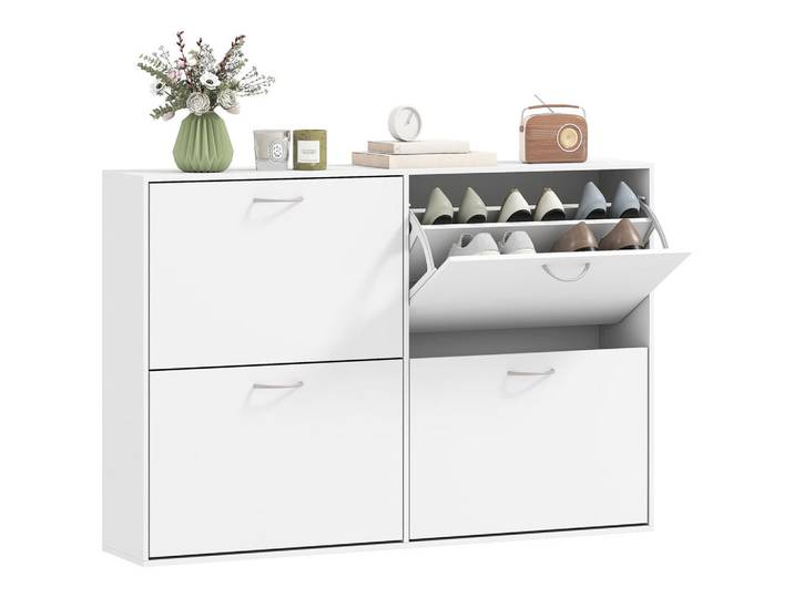 ComfortXL Schuhschrank De-14966 4 Klapptüren mit Doppelböden Weiß, 120x81x24 cm, Garderobe, Schuhaufbewahrung, Schuhschränke