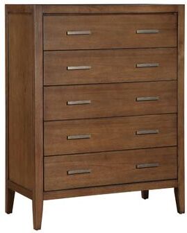 Benjara Evi Tall Dresser Chest, 5 Drawers, Brushed Rich Brown, Brass Pulls