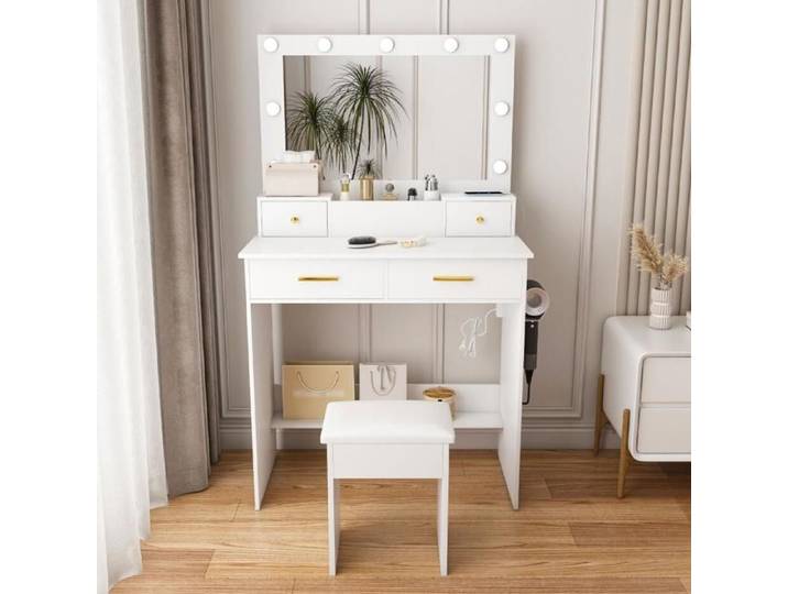 Coiffeuse Petite Coiffeuse Makeup Vanity avec Miroir et éclairage LED 4 Tiroirs 3 Niveaux de Luminosité Réglables pour Chambre