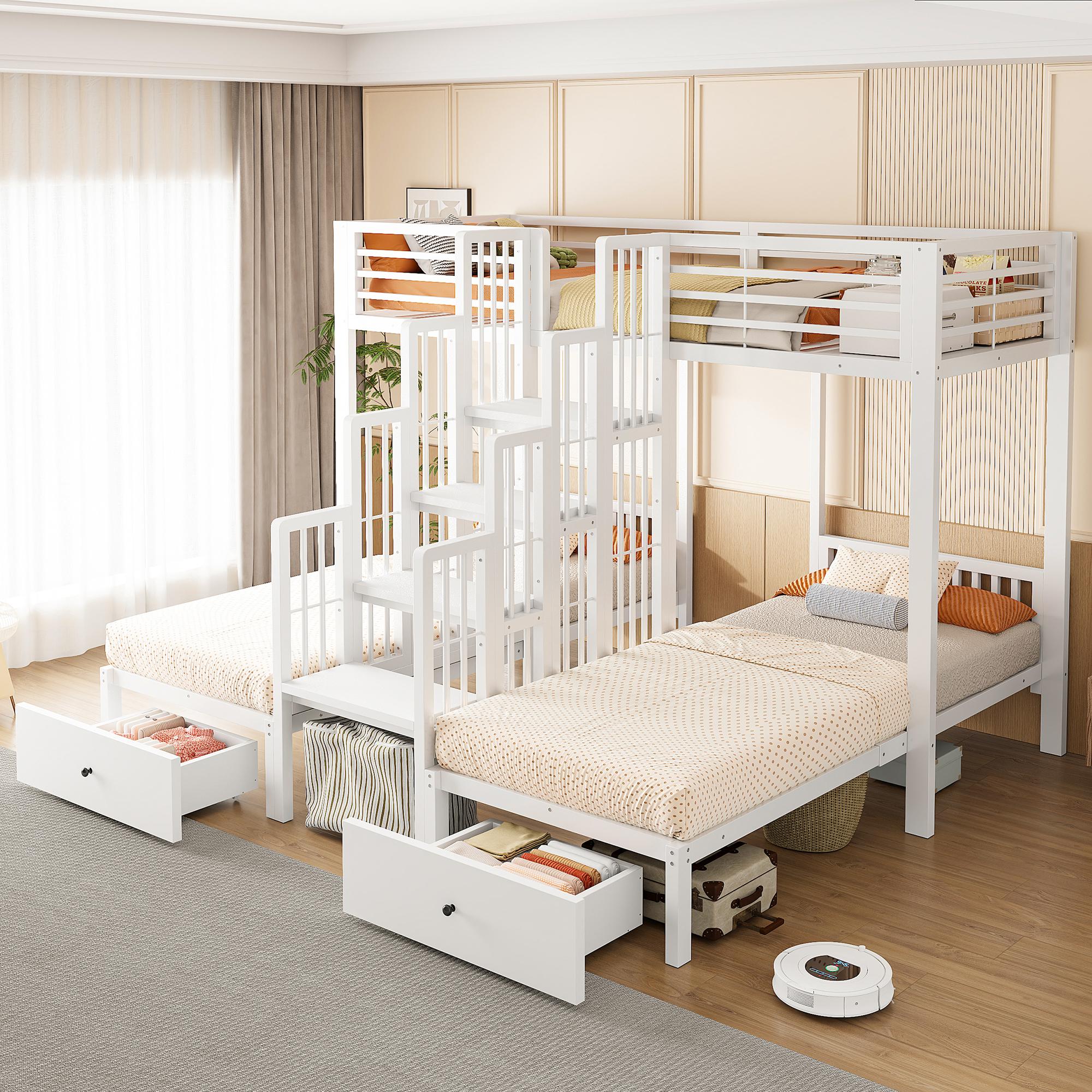 Flieks Etagenbett 90x200cm mit Treppe, Hochbett mit Sicherheitsgeländern und Stahlkonstruktion, Kinderbett mit Schubladen, Weiß, Holz&Metall