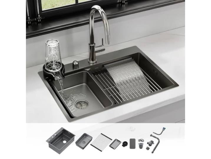 HOROW Wasserfall Spülbecken Edelstahl mit Tassenreiniger Metallisches Grau Multifunktions Spüle mit Einlage und Abtropfvorhang, Küchenspüle mit Doppelte Filterung ohne Verstopfung, die Küche geeignet