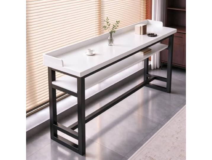 Hoher schmaler Küchenbartisch, Industrieller rechteckiger Bartisch Schmaler Sofatisch mit Metallrahmen, schmaler Konsolentisch für die Küche(White(Double layer),63 Lx11.8 W)