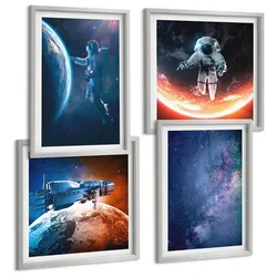 BILDER SET 4er Set - 50x50 cm & 40x60 cm Silberner Rahmen - Weltraum-Astronauten-Sterne
