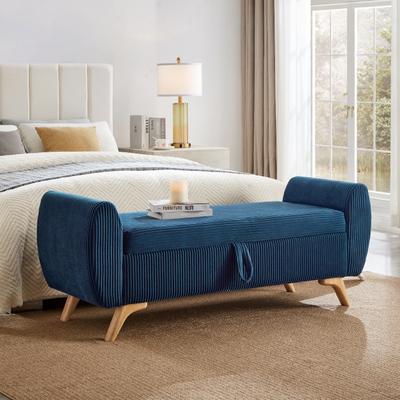 Modern Corduroy Upholstered Storage Bench with Curved Armrests and Solid Wood Legs by GDFStudio