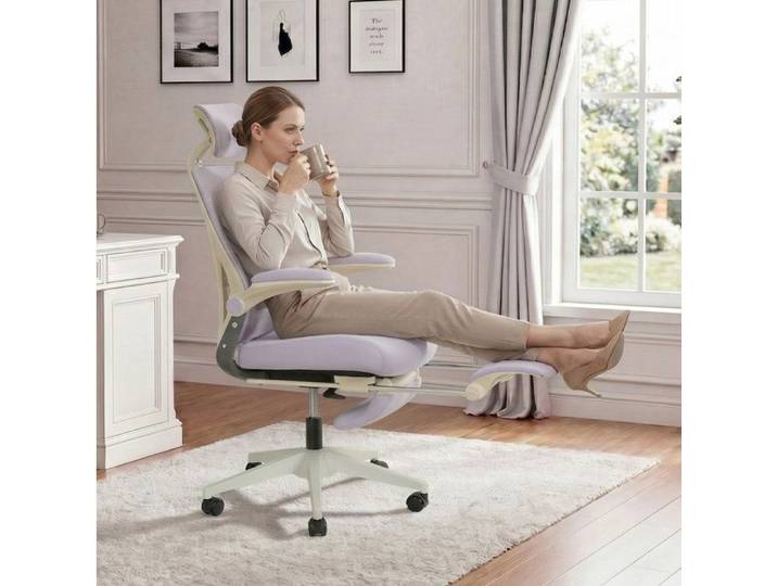 Chaise de bureau ergonomique pliable violet – appui-tete 3D dossier rabattable
