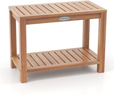 Costway 24 Inch Teak Wood Shower Bench Inside Shower Stool with Storage Shelf
