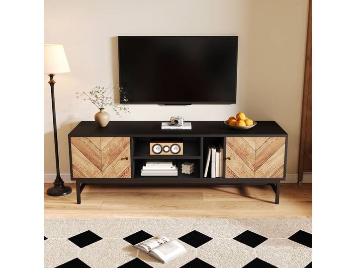 Meuble TV - GUTENT - 150 x 38 x 55 cm - Noir et Bois - Design Contemporain - Rangement Pratique