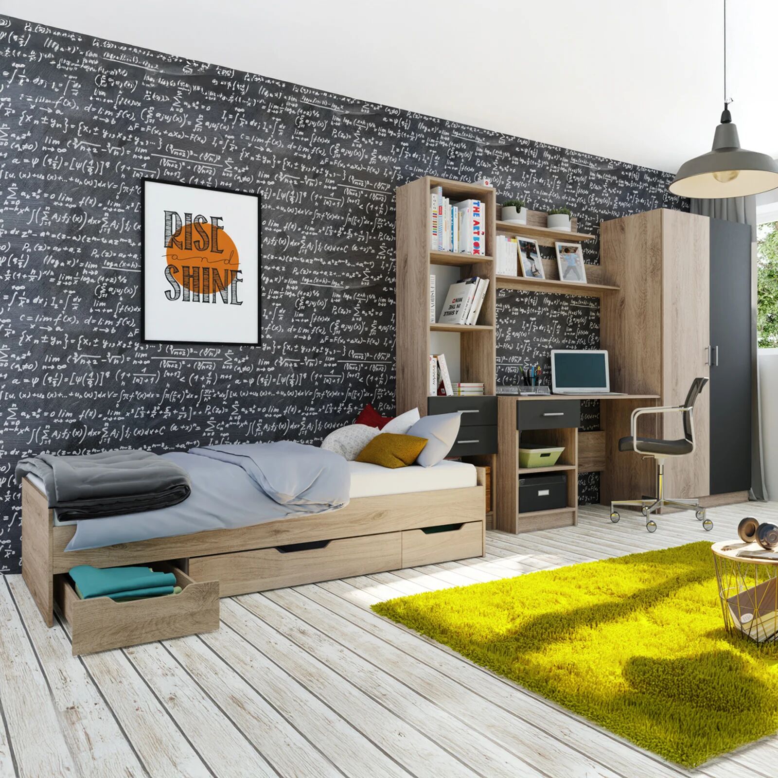 garneroarredamenti Cameretta per bambini completa 1 letto con cassettoni rovere grigio Kabala