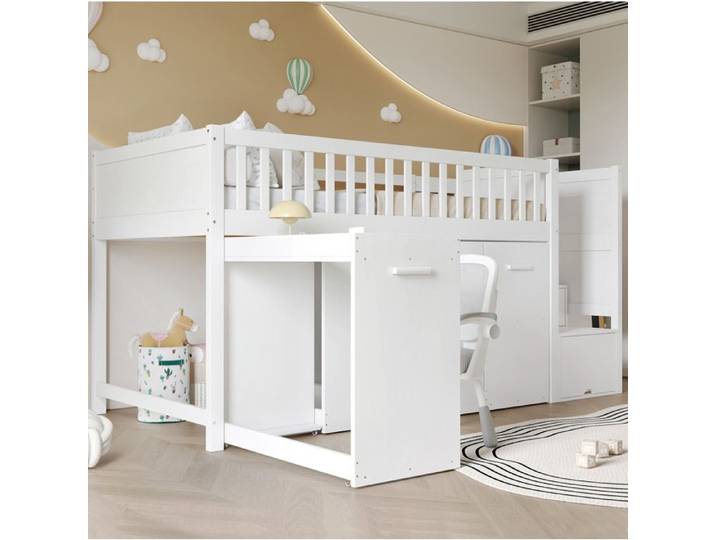 Lit mezzanine enfant multifonction AESVAR 90x200 cm blanc avec bureau armoire et rangements