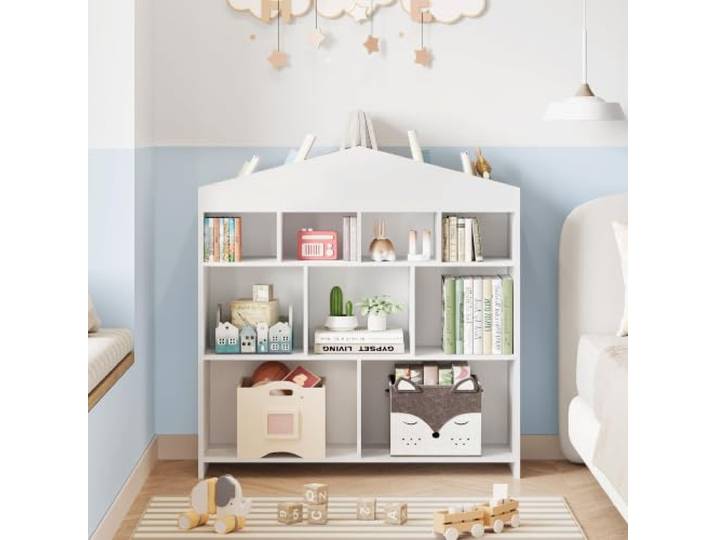 GarveeMore Kinder Bücherregal Hausform 15 Fächer Standregal Mit Kippschutz Kinder-Bücherregal aus Holz für Bücher und Spielzeug im Kinderzimmer und Spielzimmer, Weiß