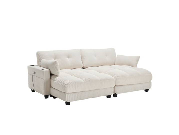VLIVRA Fauteuil relax avec têtière réglable USB porte-gobelets et poche latérale en velours côtelé beige 140 × 112 × 81 cm