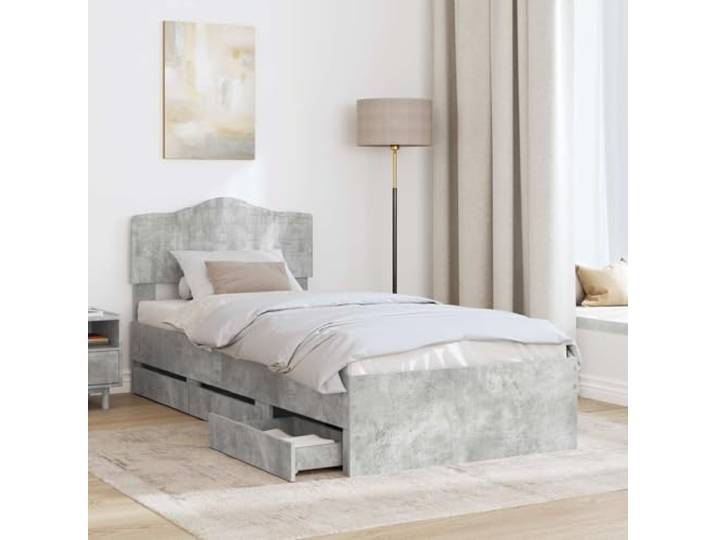 KTHLBRH Bett mit Schubladen, Zementgrau, 90 x 200 cm Technisches Holz, 6 versteckte Schubladen, Kopfteil inklusive, freistehend