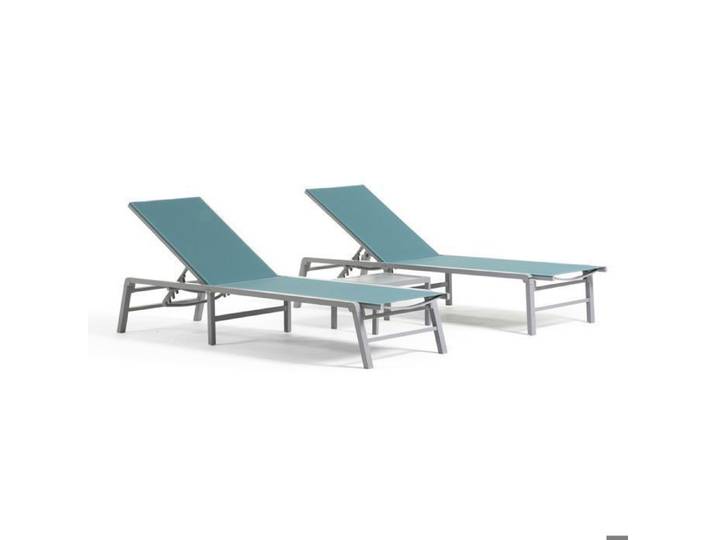 Lot de 2 transats DUNA inclinables + table en aluminium et textilène pliables pour jardin terrasse ou piscine (Pétrole)