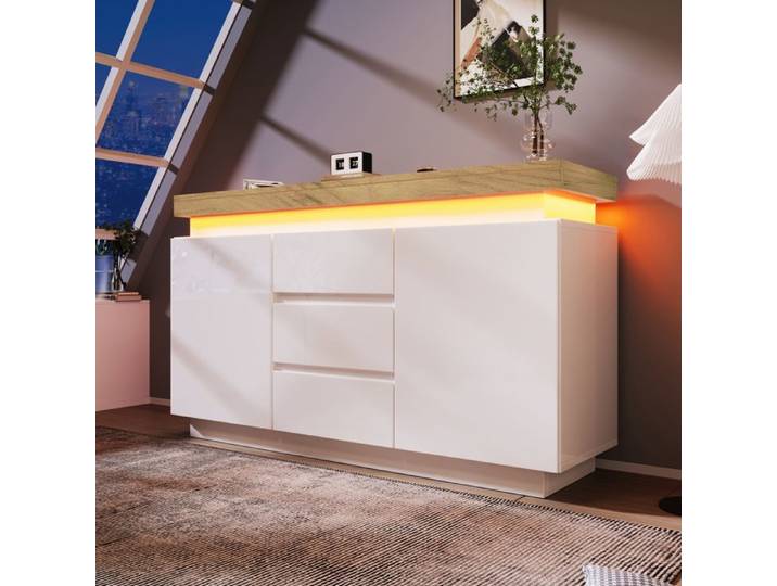 Buffet haut 81 x 140 x 39 cm blanc 2 portes 3 tiroirs LED commande App salon chambre