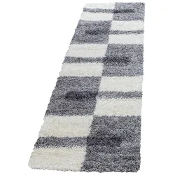 Teppich Wohnzimmer Hochflor Karo Weich Flauschig Waschbar Strapazierfähig Läufer Hellgrau 80x250 cm – WATZMANN von Kadima Design
