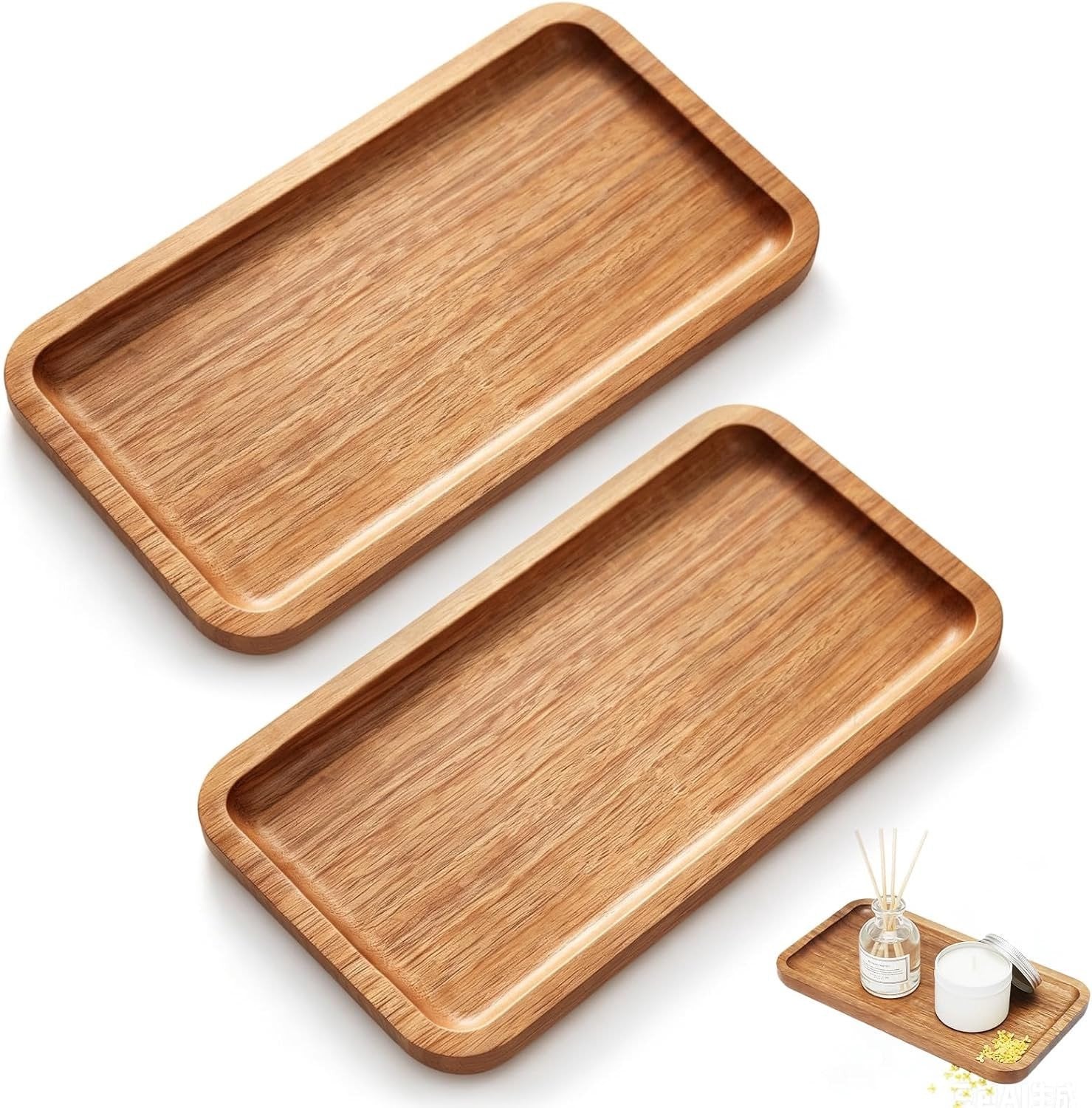 Set van 2 Decoratieve Acacia Houten Dienbladen - Kleine Rectangulaire Tray - B/D: 19 x 10,5 cm