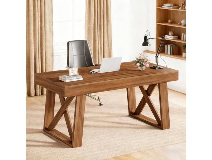 TOPESCT Bureau 140 cm tiroir Bureau d'ordinateur en bois Massif de 140 cm Table d'écriture Moderne pour Office Marron