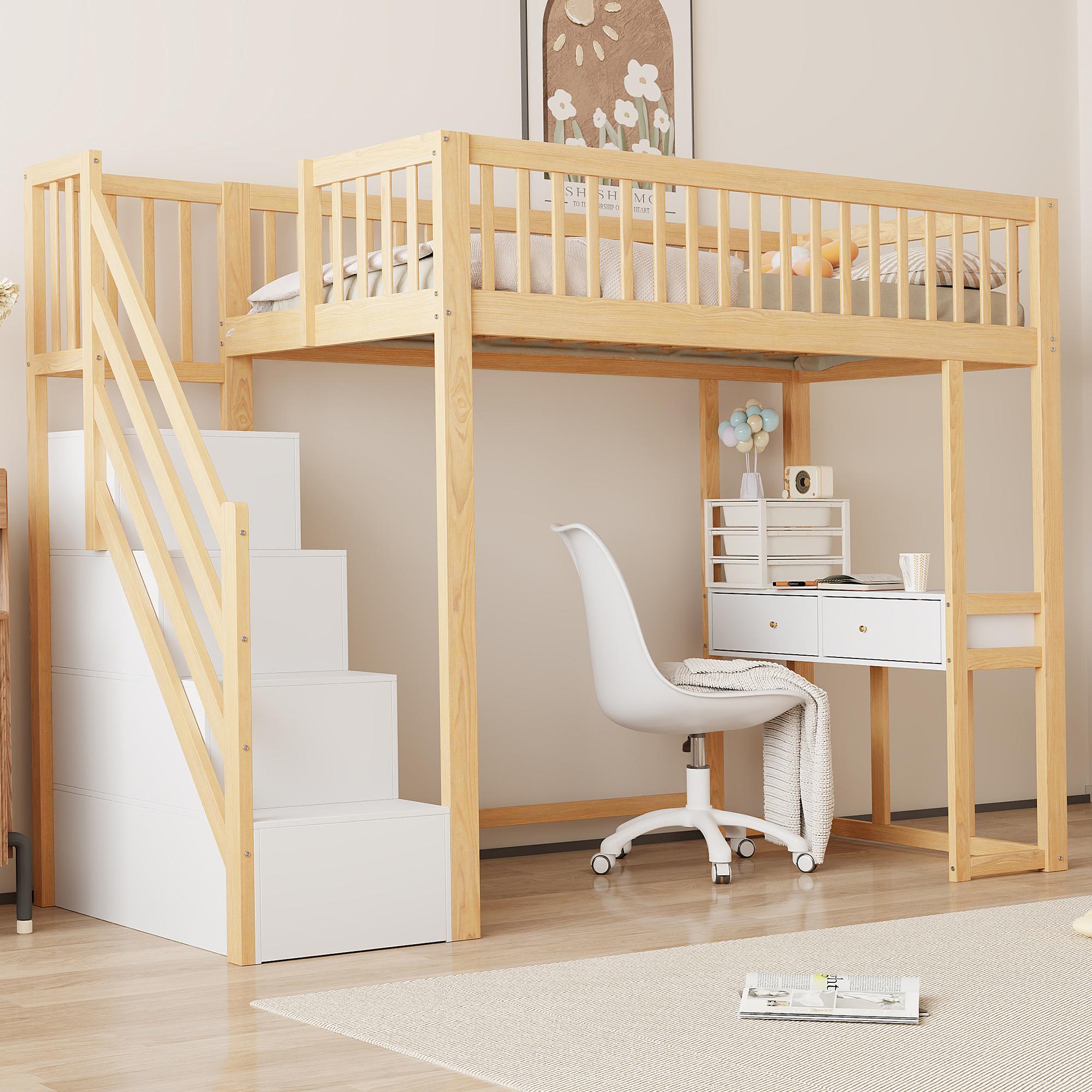 Merax Etagenbett Hochbett 90x200 mit Tisch aus Kiefernholz, Kinderbett mit Aufbewahrungstreppe und Stauraum, Kindermöbel, multifunktional, platzsparend, Natur