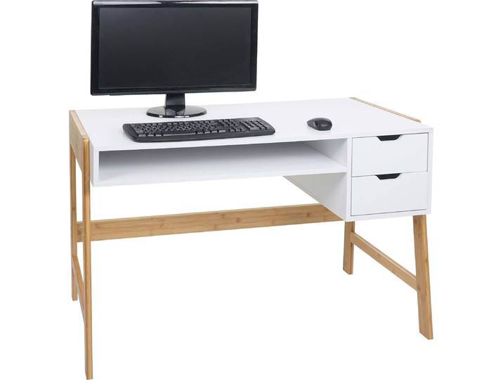 Schreibtisch HWC-K12, Bürotisch Computertisch Arbeitstisch, Schublade, Bambus 76x115x58cm weiß
