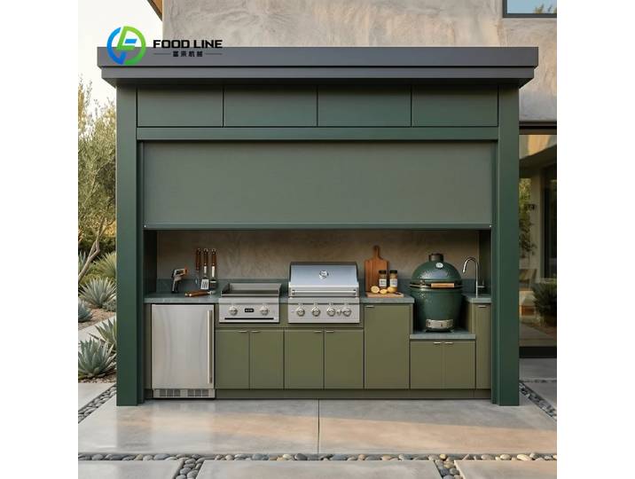 Ensemble de cuisine extérieure personnalisé en acier inoxydable avec volets roulants, résistant aux hautes températures, pour barbecue et grillades en extérieur