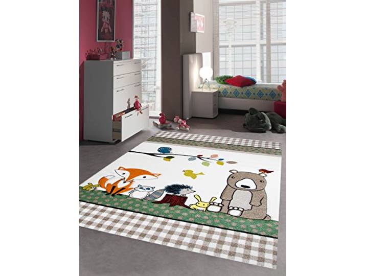 CARPETIA Kinderteppich Kinderzimmerteppich Babyzimmer Teppich Tiere Bär Fuchs Igel Eule Beige Braun Größe 160x230 cm